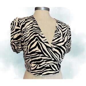 Rachel Roy Zebra Print Puff Sleeve Blouse Crop top Wrap front